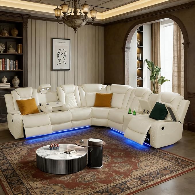 Power Reclining Sectional Sofa with LED, Leather Recliner Couch for Living Room/Home Theater, Sectional Reclining Couches with Wireless Charging/Hide-Away Storage