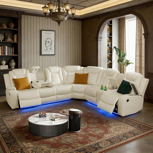 Power Reclining Sectional Sofa with LED, Leather Recliner Couch for Living Room/Home Theater, Sectional Reclining Couches with Wireless Charging/Hide-Away Storage