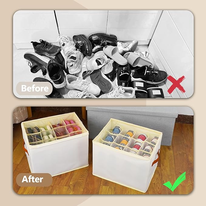 2 Pack Shoe Storage Box Organizer for Closet - 24 Cell Space Saver Shoes Containers Bin with Clear Lids Stackable, Can Fit Ottoman, Foldable Shoe Rack Cabinet Cubby for Wardrobe