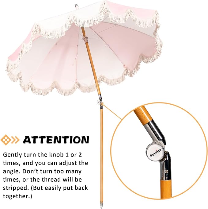 6.5ft Pagoda Beach Umbrella with Fringe, UPF 50+ Boho Umbrellas with Carry Bag, Premium Wood Pole Foldable Tassel Umbrella for Outdoor Garden Lawn Pool Yard Table