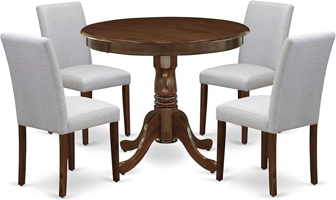 East West Furniture ANAB5-AWA-05 5 Piece Kitchen Table & Chairs Set Contains a Round Dining Room Table with Pedestal and 4 Upholstered Chairs, 36x36 Inch, Antique Walnut