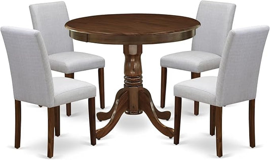 East West Furniture ANAB5-AWA-05 5 Piece Kitchen Table & Chairs Set Contains a Round Dining Room Table with Pedestal and 4 Upholstered Chairs, 36x36 Inch, Antique Walnut