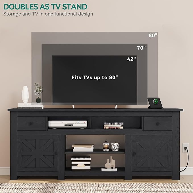 YITAHOME TV Stand for 75/80 Inch TV, Entertainment Center, TV Cabinet with Drawers and Power Outlet, Black TV Console for Living Room Furniture (70 Inch Lenght 30 Inch High) | with Drawers, Power Outlet, Furniture