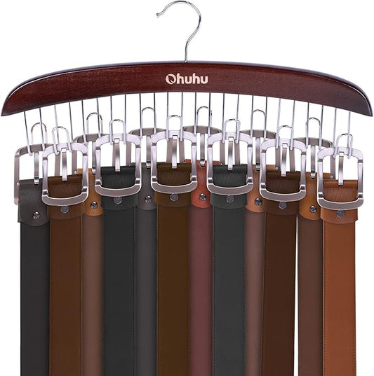 Belt Hanger Organizer for Closet: Ohuhu 12 Hooks Max 36 Belts Tie Rack Wooden Belt Holder for Storage 360 Degree Rotating Space Saver Organizer for Men Women Belt Tie Scarf Accessories-Walnut