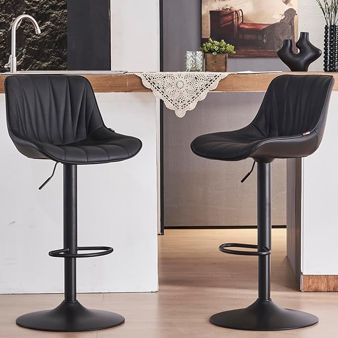 Kidol & Shellder Bar Stools Set of 2 Black Adjustable Swivel Counter Height Barstools Upholstered Modern PU Leather Bar Chairs Stools for Kitchen Island