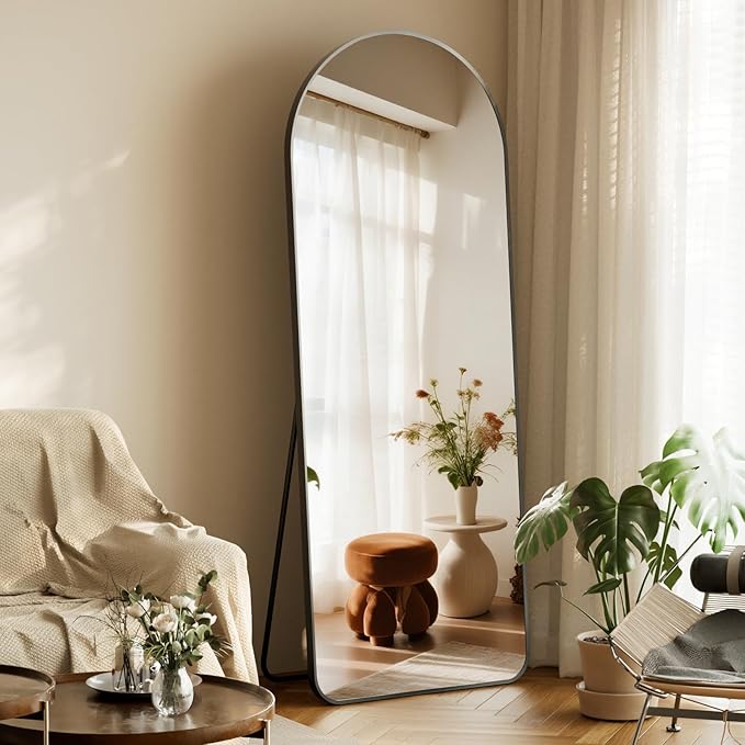 HARRITPURE Arched Full Length Mirror - 64"x21" Large Floor Standing Mirror, Aluminum Frame Full Body Mirrors with Stand for Bedroom/Living Room Wall Mounted, Black