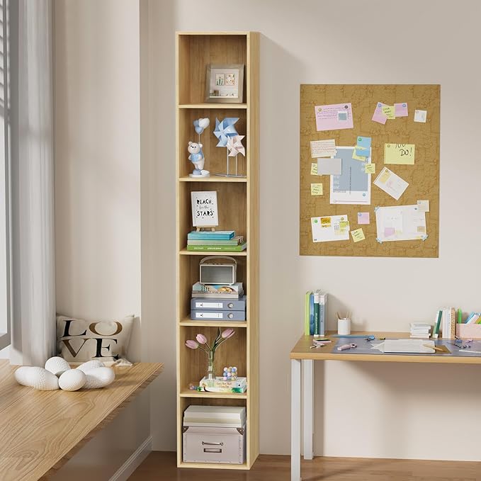 6 Tier Bookshelf, Open Tall Narrow Floor Standing Bookcase, Storage Organizer Bookshelves Freestanding Book Shelf for Living Room, Bedroom, Home Office (Oak, 6 Cube)