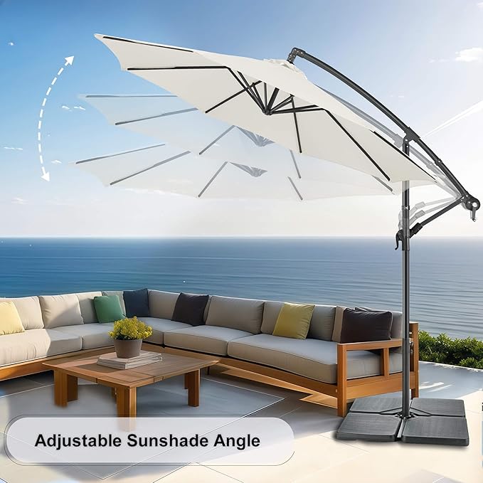 FLAME&SHADE 10ft Cantilever Patio Umbrella Outdoor, Large Offset Umbrella with Crank and Cross Base, UPF 50+ UV Protection Hanging Umbrella for Pool Deck Garden, Ivory