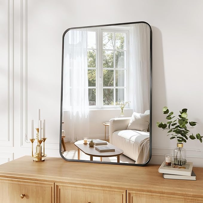 Koonmi Metal Framed Bathroom Mirror, 24"X36" Anti-Rust Bathroom Vanity Mirror, High-Definition Tempered Glass Wall Mounted Mirror for Over Sink, Modern Decorative Wall Mirror for Restroom