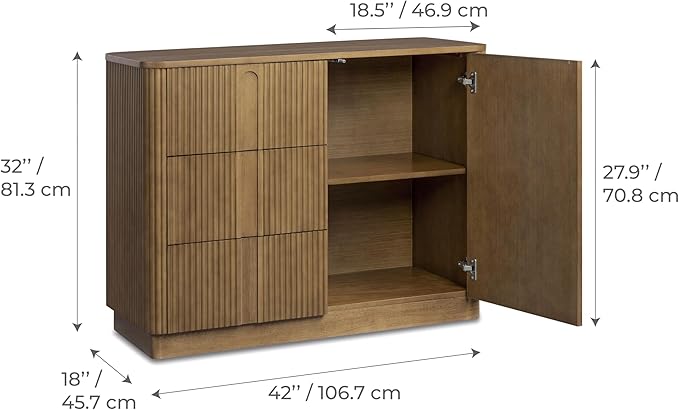 Teamson Home Potomac 42'' W Scandinavian Style Sideboard with 3 Drawer 1 Door and Adjustable Shelf, Solid Wood Frame, Push to Open and Acacia Veneer Living Room Storage Furniture in Greige