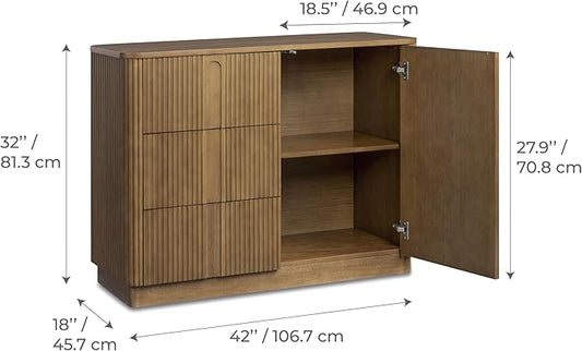Teamson Home Potomac 42'' W Scandinavian Style Sideboard with 3 Drawer 1 Door and Adjustable Shelf, Solid Wood Frame, Push to Open and Acacia Veneer Living Room Storage Furniture in Greige