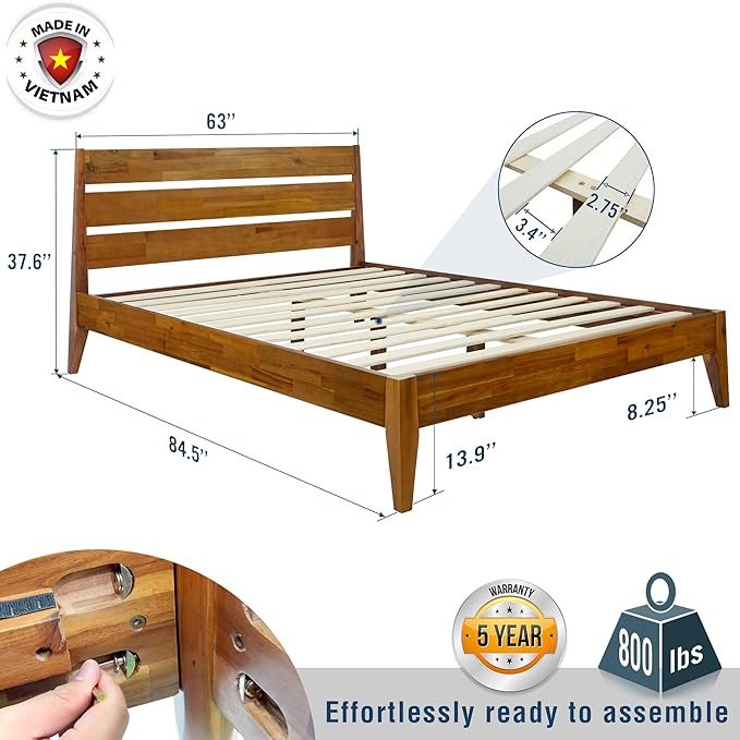 Acacia Emery Bed Frame with Headboard Solid Wood Platform Bed, King Size Bed Frame, Mid - Century Modern Wood Bed Compatible with All Mattresses, Easy Assembly, Non-Slip (Caramel, Queen)