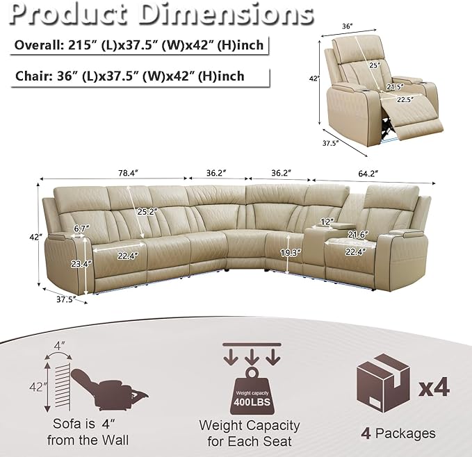 Power Recliner Sectional Sofa Set with LED, Breathing Leather Reclining Sectional Corner Couch & Chair, L-Shaped Home Theater Seating with Charging/Storage for Living Room