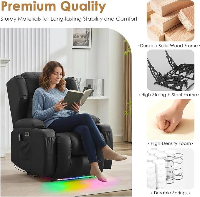 SAMERY Power Recliner Chair, Electric Wall Hugger Recliner Chair Reclining Sofa Home Theater Seating for Living Room with Massage & Heat, USB, LED Lights, Cup Holders, Side Pockets, Lumbar Pillow | 1-Inch Wall Hugger, Extra Wide Seat, Full Body Comfort...