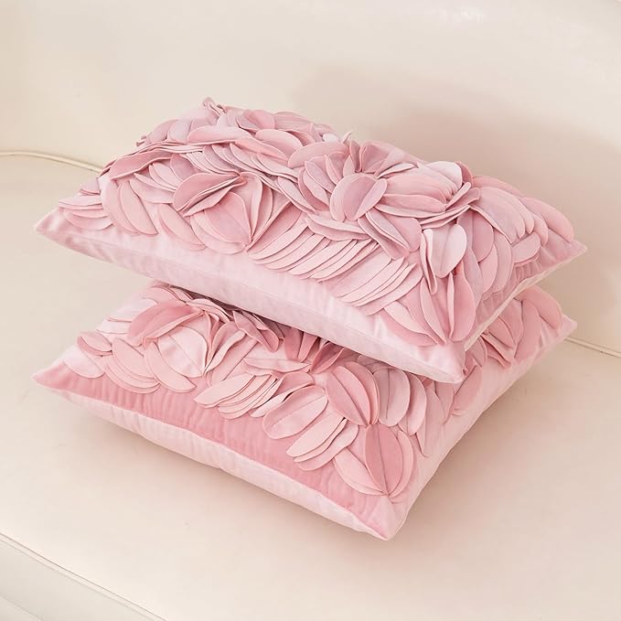 Alerfa 3D Leaves Handmade Throw Pillow Cover Decorative Floral Velvet Pillowcase Cushion Cover for Couch Bed Living Room Home Decor 12x20 Inche, Pink