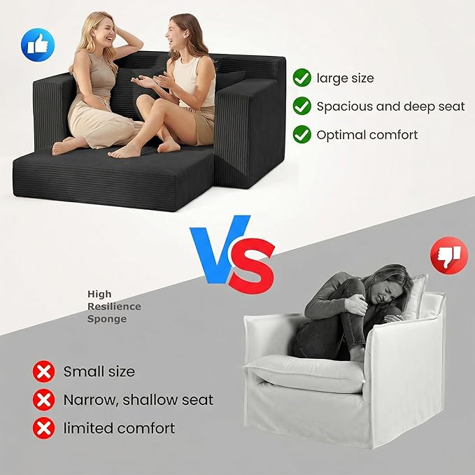 Convertible 5 in 1 Futon Sofa Bed Full Size, Corduroy Boneless Couch Sleeper Sofa with 4 Pillows, Foldable Pull Out Loveseat Floor Mattress for Living Room, Apartment, Small Space & Dorm