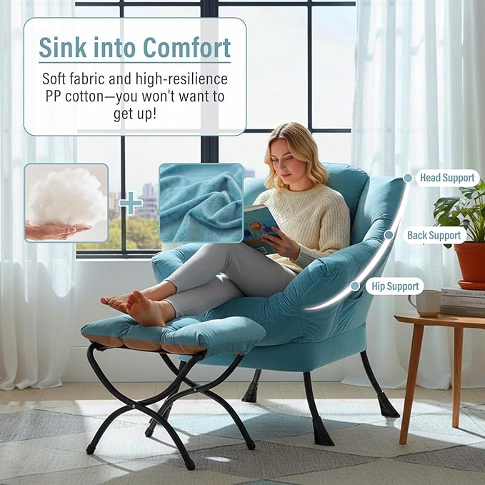 Lazy Chair with Ottoman, Modern Chair with Folding Footrest, Velvet Light Blue Accent Chair, Comfortable Reading Chair, Oversized Armchairs for Bedroom, Study, Living Room, Courtyard