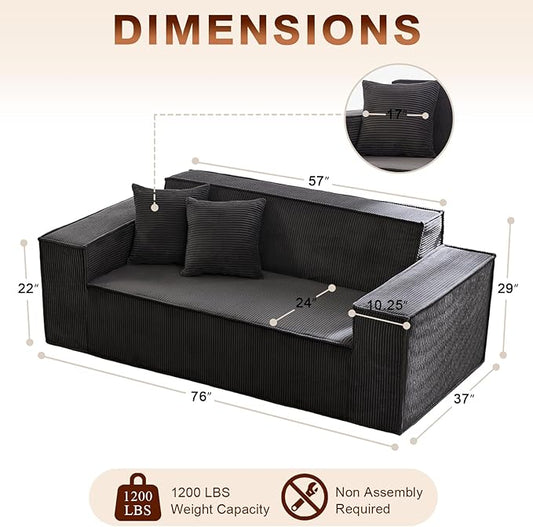 SUYOLS Corduroy Cloud Couch with Pillow, Premium Memory Foam, No Assembly Required, Deep Seat Sofa in Box, Space-Saving Chair for Home, Living Room, Bedroom, Apartment, Office, 3-Seater, Dark Gray
