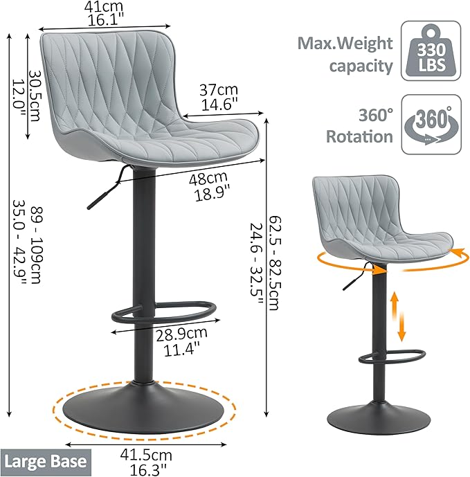 Finnhomy Bar Stools Set of 2, Modern 360° Swivel Faux Leather Bar Stools, 24"-32.5" Seat Height with Back, 330 lbs Capacity, SGS Gas Lift, Upholstered Kitchen Chairs for Kitchen Island, Grey