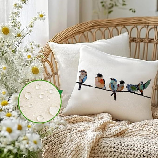 RABUSOFA Outdoor Pillow Covers Waterproof 18x18 Inch,Outdoor Bird Lumbar Throw Pillow Cases Small Decorative Pillows for Couch Patio Furniture Polyester Linen Teal Blue
