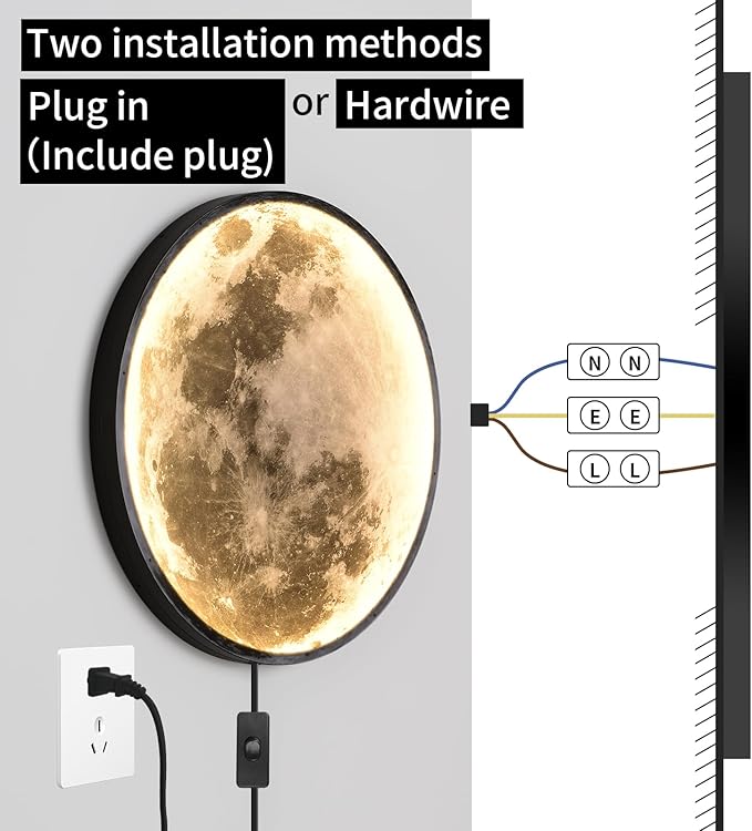 QIYIMEILUX Large Moon Wall Sconce Plug in Modern LED Dimmable Wall Light with Remote Control 23.6 inch 31W Black Wall Lamp Indoor Wall Mounted Lighting Ceiling Light for Living Room Bedroom