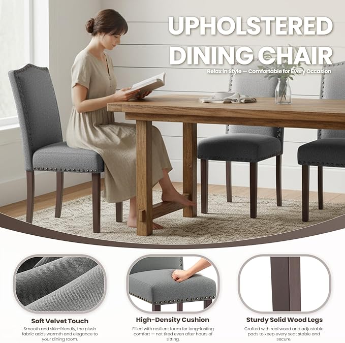 Dining Chairs Set of 4, Soft Comfortable Upholstered Parsons Dining Chairs with High-Density Cushion & Solid Wood Legs, Elegant Nailhead Trim for Dining Room, Kitchen, Living Room – Grey