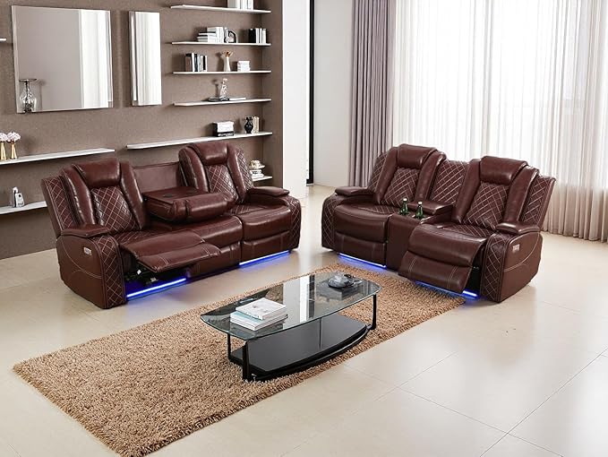 Living Room Furniture Set, Brown Breathing Leather Sofa Couch, Living Room Sofa Sets Power Recliner Loveseat with 4 Reclining Seats/Cup Holders/Storage Console/LED Light for Office, Home Theater