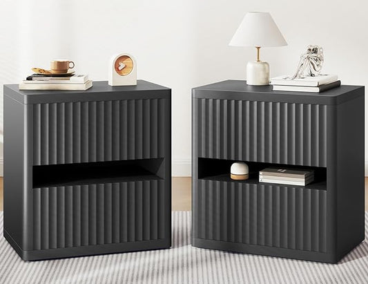 Dripex Fluted Nightstand Set of 2, 22'' Wide Night Stand with 2 Large Drawers, Mid Century Modern Wood Bedside Table with Open Shelf, Large Bed Side End Table for Bedroom, Black