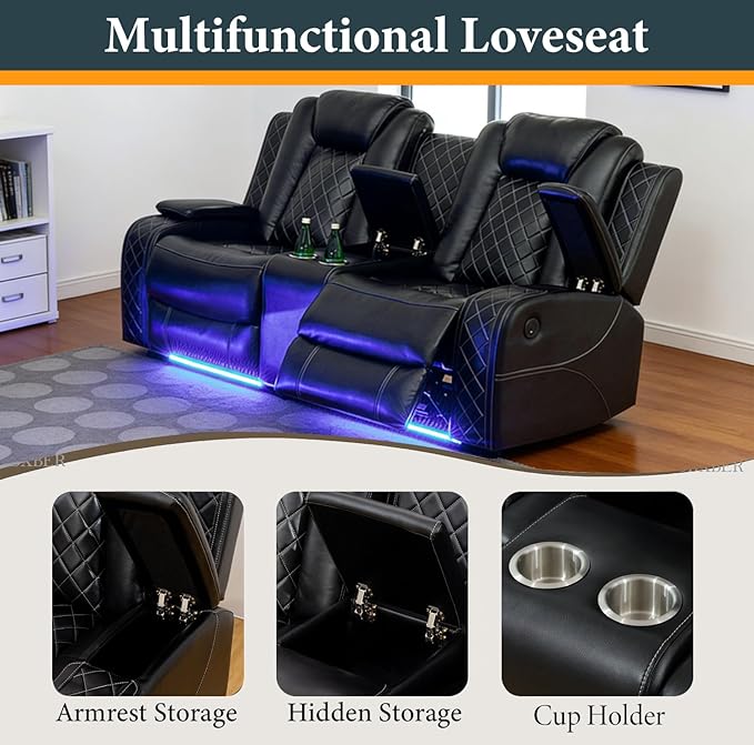 Power Recliner Sectional Sofa Set, Black Leather Sectional Couch and Loveseat for Living Room, L Shape Reclining Sofa with Cup Holder, Hidden Storage, Coffee Table for House(8 Seat)