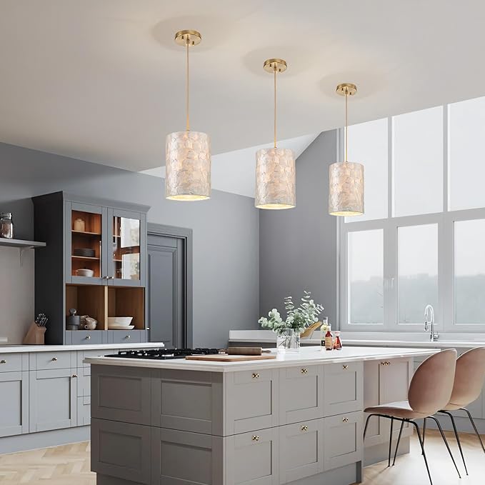 1-Light Capiz Shell Chandelier, Coastal Design, Modern Pendant Light Fixture for Dining Room, Living Room, Kitchen Island, D7 x H18~66"(Adjustable Height), Shell Lampshade & Gold Finish Frame
