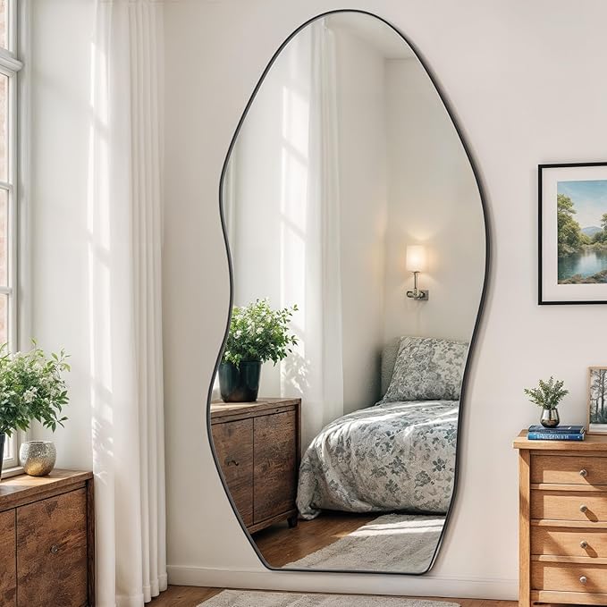 Antok Full Length Mirror, 81"x41" Floor Mirror with Stand, Standing Hanging Leaning Irregular Mirrors for Bedroom Living Room Entryway, Wavy Shaped, Black
