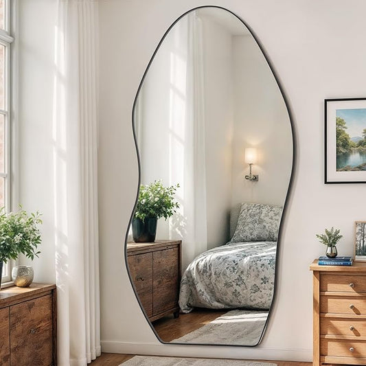 Antok Full Length Mirror, 81"x41" Floor Mirror with Stand, Standing Hanging Leaning Irregular Mirrors for Bedroom Living Room Entryway, Wavy Shaped, Black