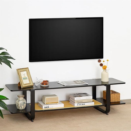 Bamboo TV Stand for TVs up to 65", Accent Entertainment Center with Storage, Media Console Table with Shelf, Modern TV Stand for Living Room, Bedroom, 54.3"(L), Black