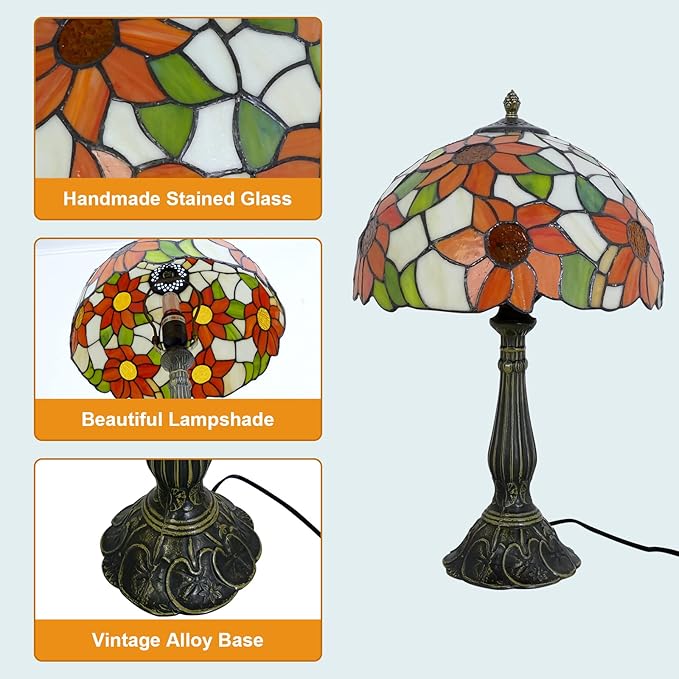 Tiffany Style Table Lamp Sunflower Vintage Table Lamp Stained Glass Lamp Durable Bronze Alloy Base Tiffany Lamps for Bedroom 12" Wide 19" Tall for Living Room Home Office
