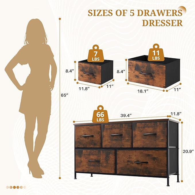 Dresser with 5 Drawers for Bedroom, Fabric Clothes Cabinet for Closet, Anti-Tip TV Stand for 45" TV, Storage Dresser with Metal Frame for Living Room, Entryway, Dorm, Brown