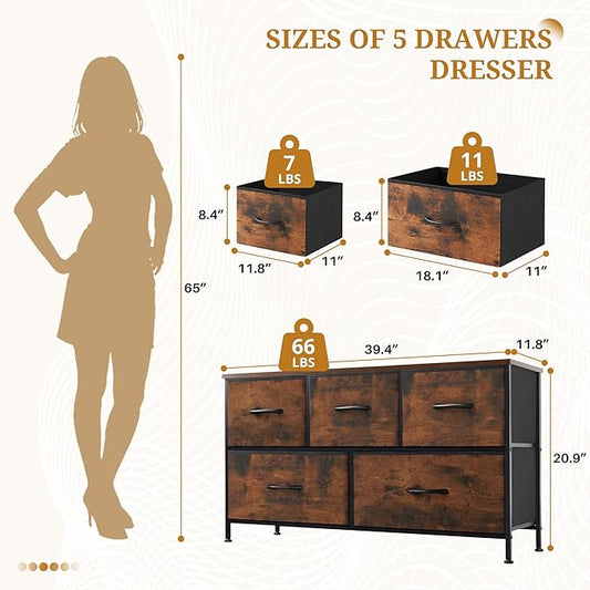 Dresser with 5 Drawers for Bedroom, Fabric Clothes Cabinet for Closet, Anti-Tip TV Stand for 45" TV, Storage Dresser with Metal Frame for Living Room, Entryway, Dorm, Brown