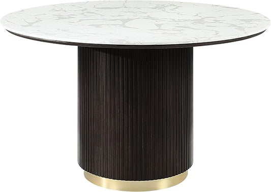 Acme Clayten Wood & Artificial Marble Round Dining Table in White & Espresso
