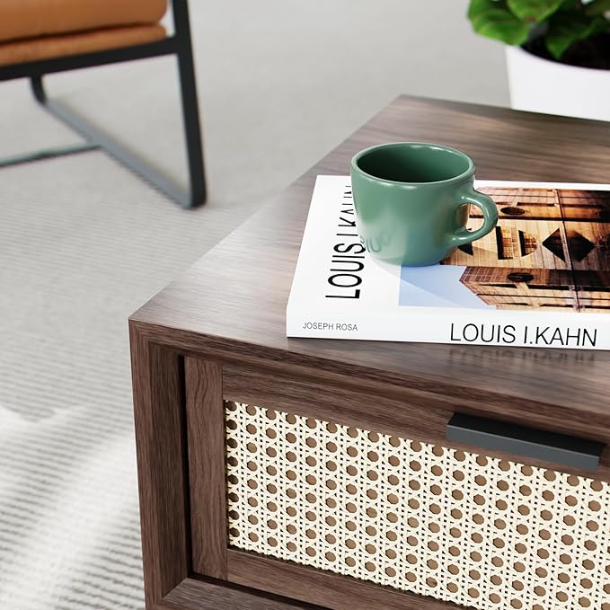 Bme Solid Wood Jasper Coffee Table with Storage, Accent Rattan Design, Perfect for Living Room, Walnut