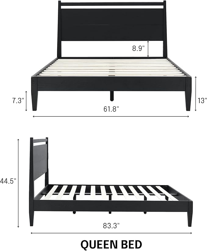NTC Adept Wooden Bed Frame with Headboard, Solid Oak and Rubber Wood Foundation with Silent Slats and Wood Central Supports, 1000 Lb Capacity, Effortless Assembly, Queen - Burnt Black
