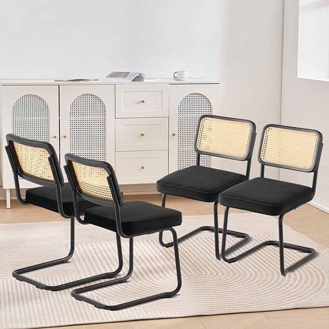 VEVOR Rattan Dining Chairs Set of 4, Mid Century Modern Dining Chair, Upholstered Velvet Accent Chair with Rattan Back, Retro Dining Room Kitchen Chair for Living Room, Bedroom (18.1 Inch)