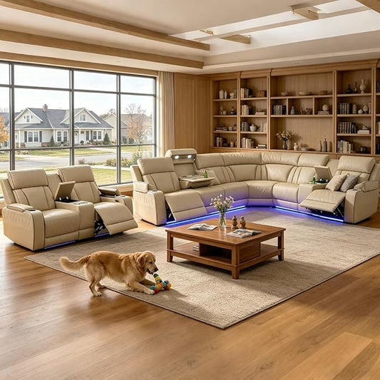 Power Reclining Sofa Set with LED Light, Living Room Furiture Set,Leather Reclining Sectional Couch with USB Port/Cup Holder for Living Room Home Office