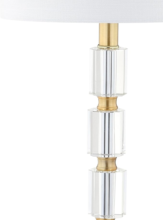 JONATHAN Y 28.5" Clear and Brass Gold Crystal Table Lamp Set of 2, Modern Glam Geometric Bedside Lamps for Living Room, White Linen Drum Shade, UL Listed, LED Bulbs Included JYL5001A-SET2