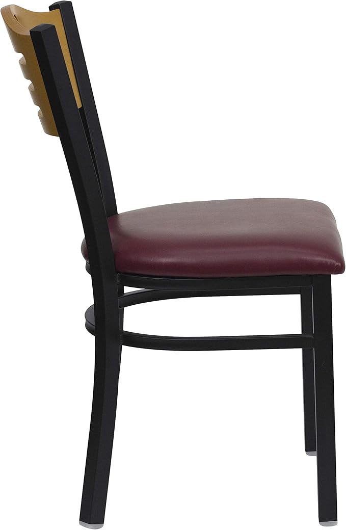 Flash Furniture 2 Pk. HERCULES Series Black Slat Back Metal Restaurant Chair - Natural Wood Back, Burgundy Vinyl Seat