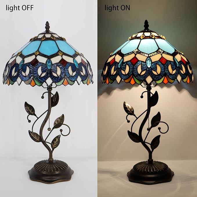 Tiffany Table Lamp, Stained Glass Desk Light, W12H19 Inch, Metal Leaf Base (Sapphire Style)