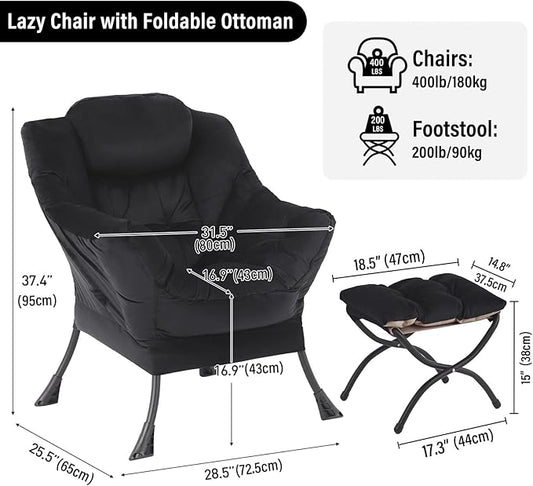 Lazy Chair with Ottoman, Modern Chair with Folding Footrest, Velvet Black Accent Chair, Comfortable Reading Chair, Oversized Armchairs for Bedroom, Study, Living Room, Courtyard