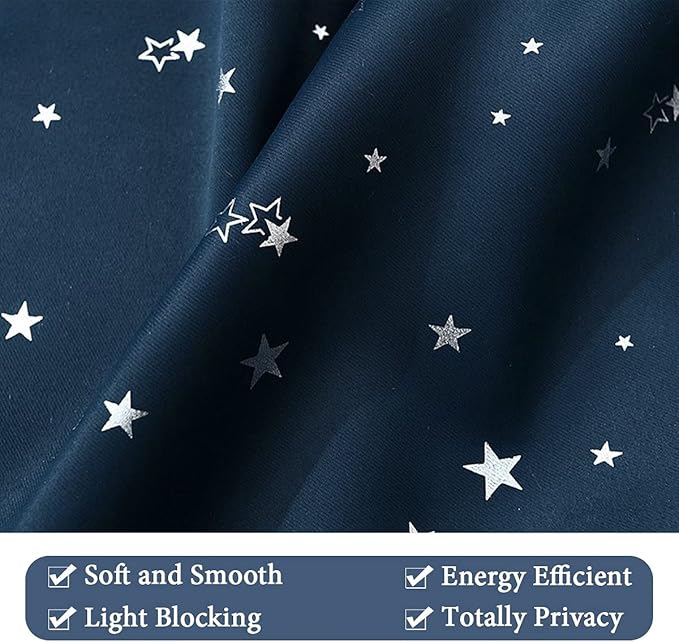 H.VERSAILTEX Blackout Star Curtains for Kids Room Boys Girls Twinkle Silver Stars Full Light Blocking Cute Thick Soft Curtain Drapes, Grommet Top, 2 Panels, 52" W x 63" L, Navy