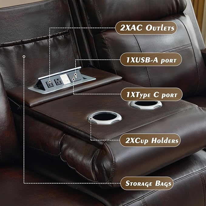 Power Recliner Sofa with Adjustable Headrest, Electric Reclining Couch with LED Light/Armrest Storage, USB & Type-C, Power Loveseat Recliner Sofa for Living Room, Bedroom(Brown, 3 Seater)