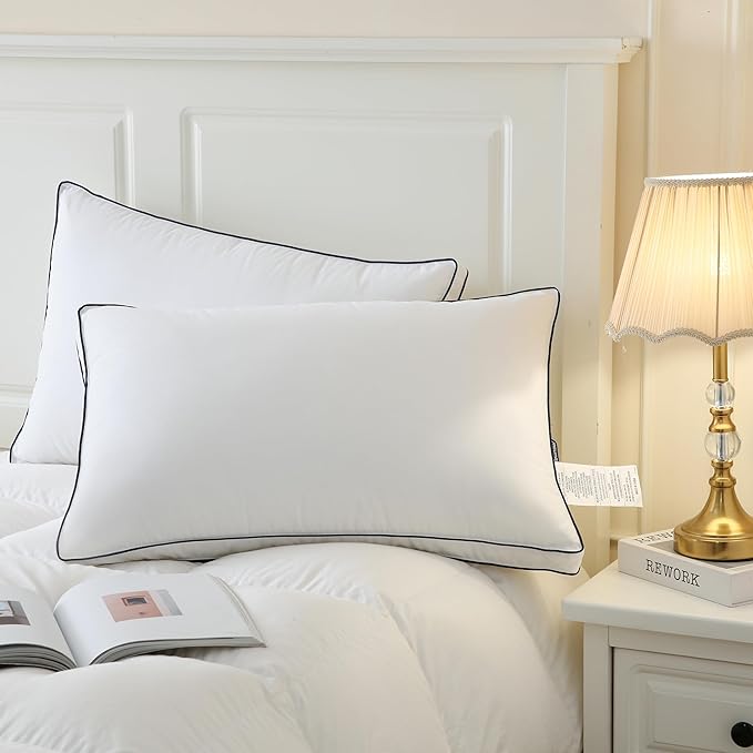 DOWNCOOL Goose Down Bed Pillows Queen Size Set of 2, Pillow Soft Support for Side, Back or Stomach Sleepers, for Better Sleep Experience, White 20" x 30"