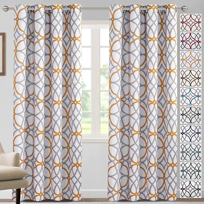 H.VERSAILTEX Blackout Curtains Printed Design for Bedroom 84 Inch Length 2 Panels Set Thermal Insulated Curtains for Living Room Geometric Modern Grommet Window Drapes, Mustard and Grey