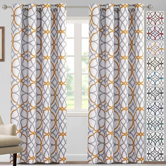 H.VERSAILTEX Blackout Curtains Printed Design for Bedroom 84 Inch Length 2 Panels Set Thermal Insulated Curtains for Living Room Geometric Modern Grommet Window Drapes, Mustard and Grey
